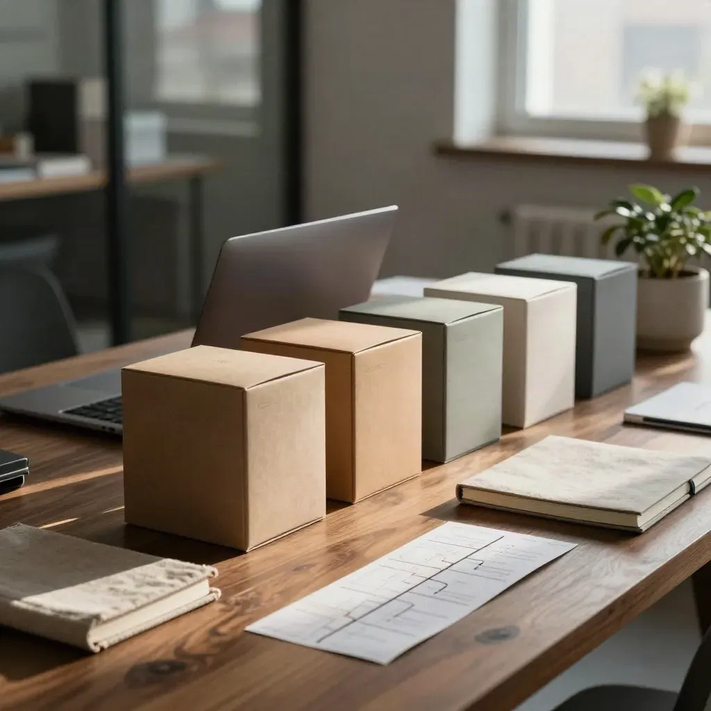Start-up-Studiotisch mit Prototypenboxen, geschlossenem Laptop und Planungsstreifen im warmen Fensterlicht.
