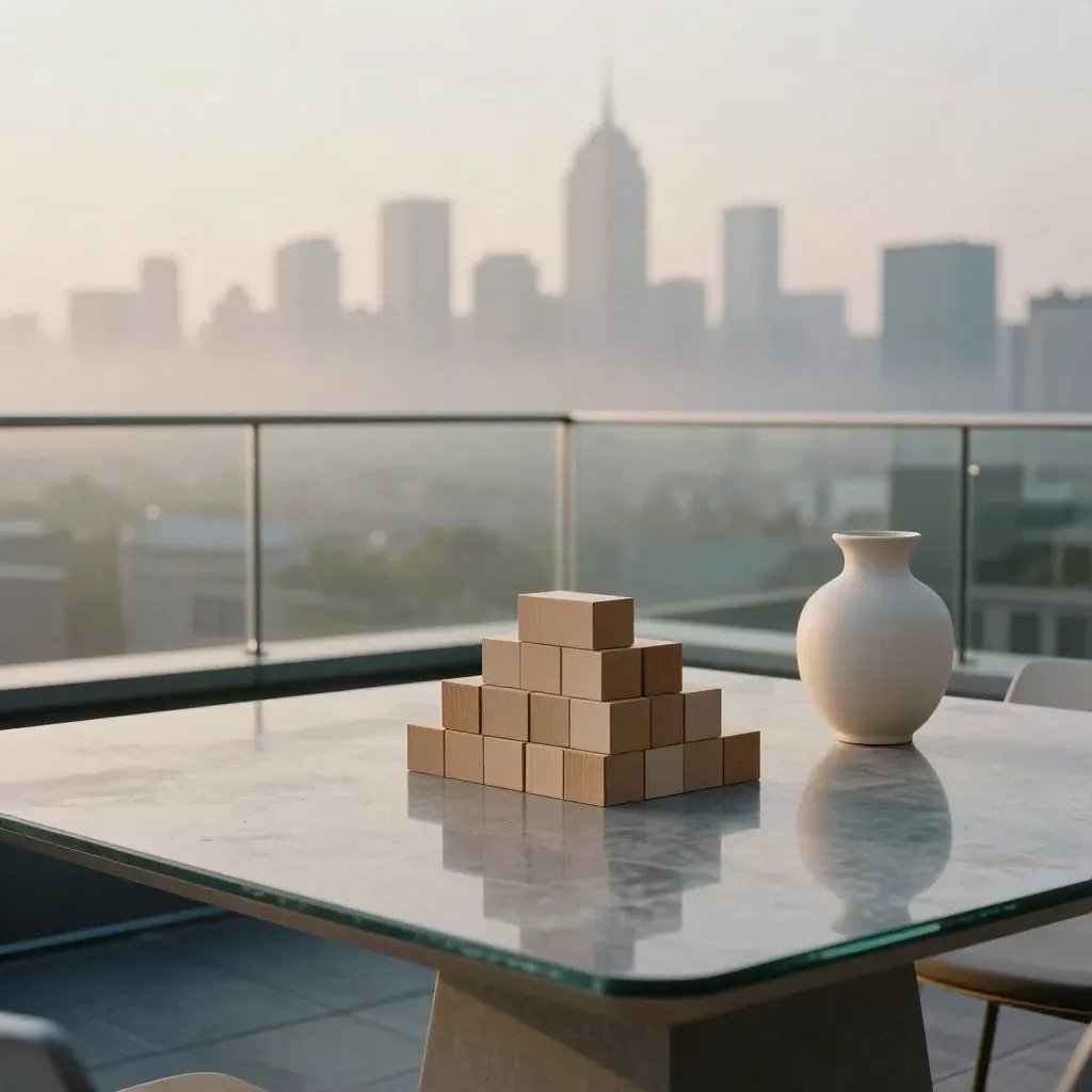 Rooftop-Meetingnische mit Blockmodell und Keramikvase vor nebliger Skyline im Morgenlicht