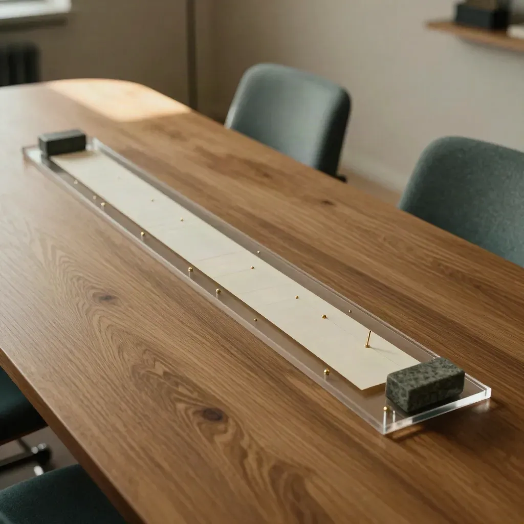 Konferenztisch mit transparenter Zeitleiste, Steinbeschwerer und zwei Stühlen im warmen Licht.